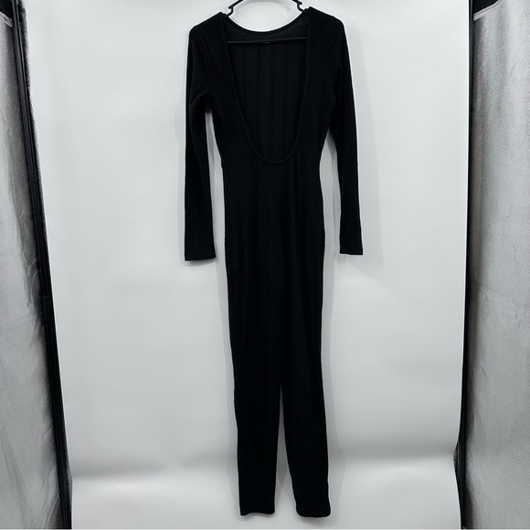 Shein Jumpsuit Women Medium NEW Black Ribbed Knit Long Sleeve Open Back Sxy - Picture 2 of 15